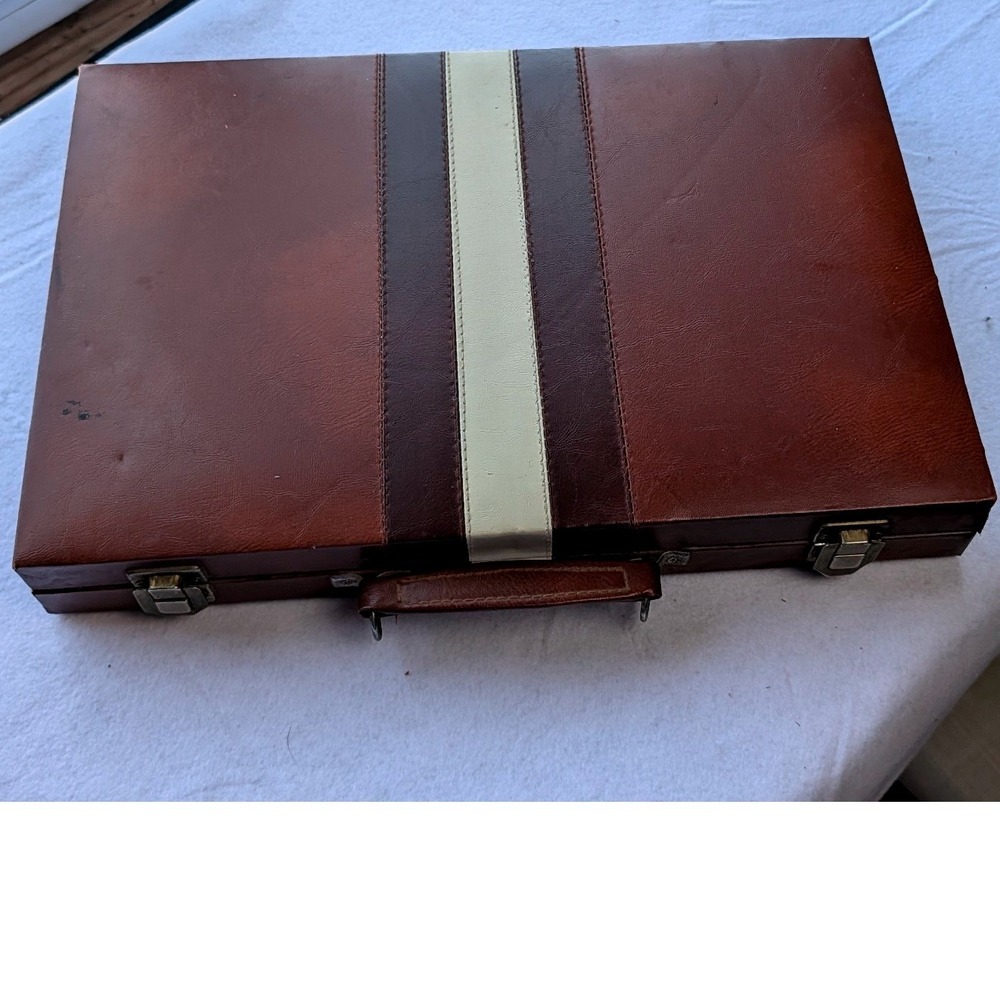 Vintage Backgammon Set Faux Leather Carrying Case Brown Striped Travel Board